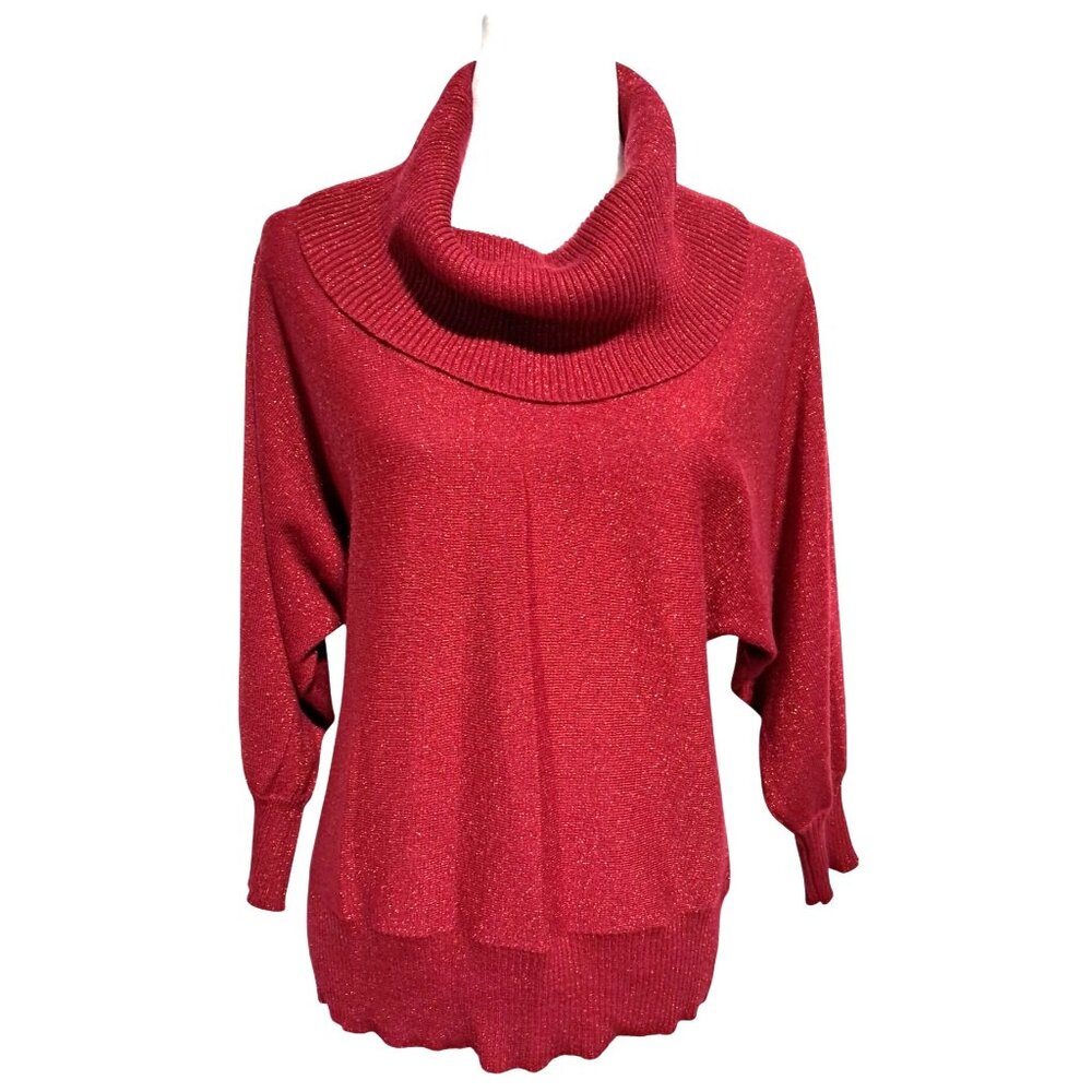 AB Studio‎ Sweater Women Large Red Cowl Neck Dolman Sleeve Metallic Shimmer